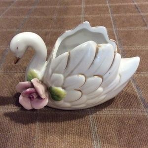 white duck swan porcelain  with dusty pink flowers